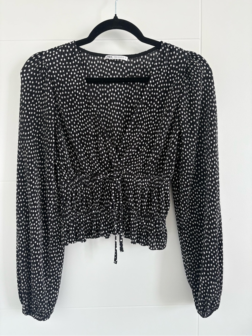 Zara Black & White Polka Dot V-Neck Drawstring Blouse